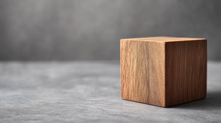 This image features a simple wooden cube resting on a grey surface, showcasing its natural texture and warm tones. The subtle shadows and minimalist aesthetic make it perfect for various design themes or artistic presentations.の素材