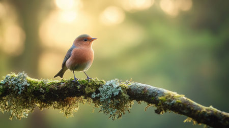 A stunning close-up of a songbird on a mossy branch, bathed in soft morning light. This serene wildlife moment highlights nature's beauty and tranquility, perfect for nature lovers and birdwatchers.の素材