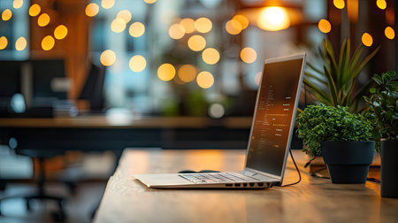 A visually striking modern workspace featuring a sleek laptop, vibrant greenery, and warm lighting creating an inviting and productive atmosphere.の素材