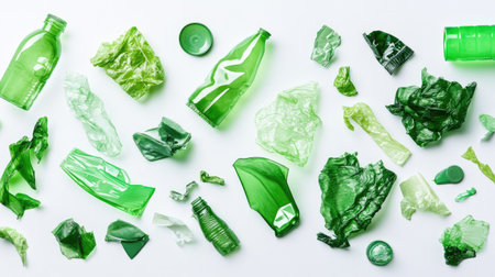 An extensive array of green plastic waste items spread across a white surface, showcasing the impact of single-use plastics on the environment and emphasizing the importance of recycling and waste reduction efforts.の素材