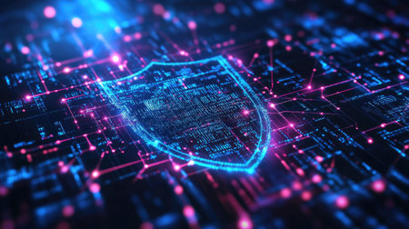 A visually striking representation of cybersecurity and data protection featuring a digital shield glowing with neon lines and binary code against a dark background. Perfect for illustrating themes of safety and technology in modern digital environments.の素材
