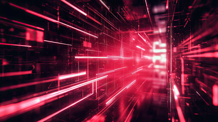 A vibrant abstract background featuring striking red lines creating a sense of depth and motion, ideal for technology-related themes and creative projects. Perfect representation of digital environments and futuristic designs.の素材