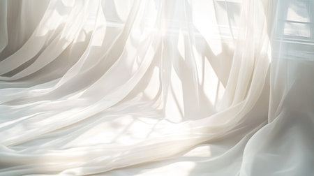 A soft cascade of white sheer curtains dances in warm sunlight, filling the room with a serene ambiance. Perfect for interior design projects, this image embodies tranquility and elegance.の素材