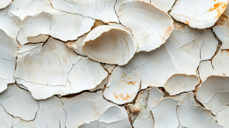 A close-up view of cracked white shells revealing intricate textures and patterns. This image captures the beauty of natural decay and erosion, perfect for artistic projects or as a unique background.の素材