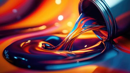 A stunning display of vibrant liquid pouring from a metallic container, showcasing intricate textures and colors that evoke creativity. The abstract background enhances the visual impact, making it an ideal choice for art and design themes.の素材