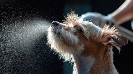 A delightful moment capturing a dog in joy while receiving a refreshing spray of water, showcasing the essence of pet care and bonding during grooming time.の素材