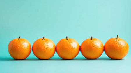 A stunning composition featuring five vibrant oranges lined up against a cool blue backdrop, perfect for emphasizing health, freshness, and culinary inspiration.の素材