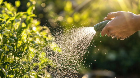 A close-up of a hand watering green plants with a hose in a sunlit garden. The water sprays create a magical bokeh effect, highlighting the beauty of nature and promoting a sense of tranquility and growth in the backyard oasis.の素材