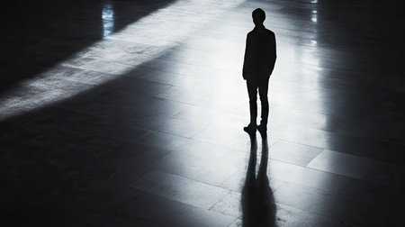 A solitary figure stands in a tranquil, dimly lit space, casting a profound shadow on the polished floor, evoking feelings of solitude and introspection.の素材