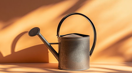 A vintage watering can sits elegantly on an orange surface, casting soft shadows. This image captures the simplicity and beauty of gardening, ideal for nature-themed projects.の素材