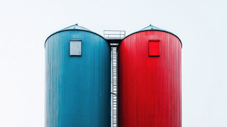 Two striking silos showcase a vibrant blue and red exterior against a clear sky, emphasizing a modern industrial aesthetic with minimalistic charm.の素材