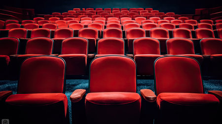 A captivating image showcasing an empty red theater filled with plush seats, creating a cozy ambiance ideal for cinematic experiences and leisure outings.の素材