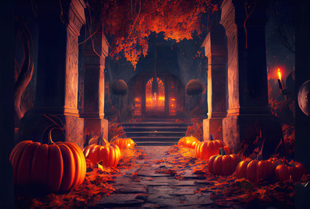Mystery forest with many glowing Jack O Lantern pumpkins background. Spooky and Halloween day concept. Generative AIの素材