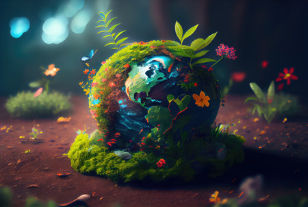 Beautiful Blue globe on the ground with decorating in summer season background. Beauty in nature and World Earth Day concept. Generative AIの素材