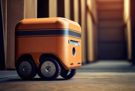 Robot AGV transporting cardboard box in warehouse background. Technology innovation and delivery concept. Generative AIの素材