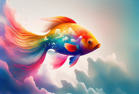 Rainbow color fish swimming in the sky with cloudy background. Generative AIの素材