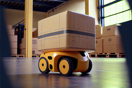 Robot AGV transporting cardboard box in warehouse background. Technology innovation and delivery concept. Generative AIの素材