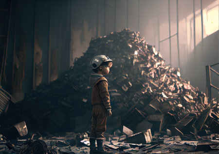A child looking at a pile of scrap metal as high as a mountain in the future background. Global warming pollution and World savings concept. Generative AIの素材