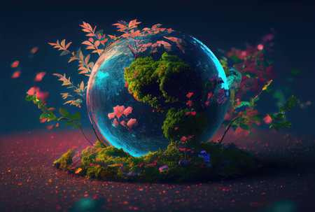Beautiful Blue globe on the ground with decorating in summer season background. Beauty in nature and World Earth Day concept. Generative AIの素材