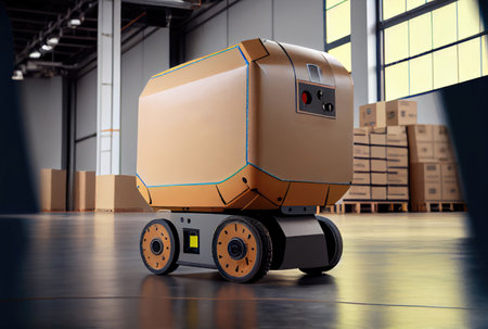 Robot AGV transporting cardboard box in warehouse background. Technology innovation and delivery concept. Generative AIの素材