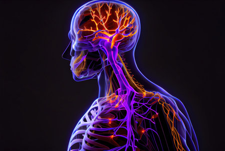 Nervous system and brain inside the human body. Medical and Healthcare concept. Generative AIの素材