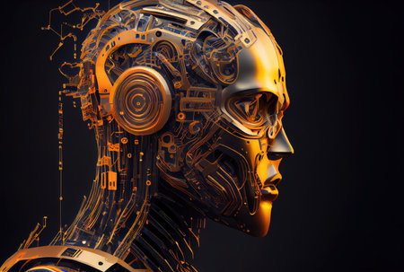 Closeup head shot of golden metallic humanoid robot on isolated dark black background. Technology and innovative concept. Digital art illustration. Generative AIの素材
