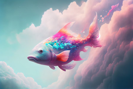 Rainbow color fish swimming in the sky with cloudy background. Generative AIの素材