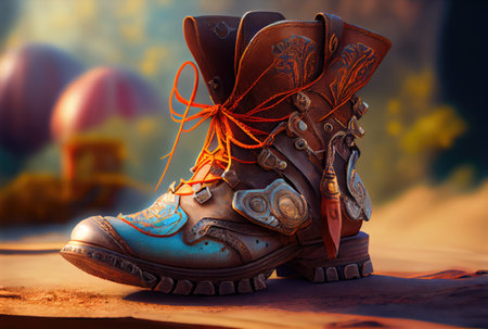 Closeup of Boots of travel leather shoes in creative style on the floor background. Accessories and items concept. Generative AIの素材