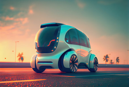 Future car on the road with sunset sky in urban scene background. Technology and transportation concept. Generative AIの素材