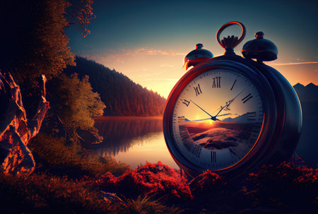 Clock in the nature landscape with daylight saving concept background. Time overlap and Time zone theme. Generative AIの素材