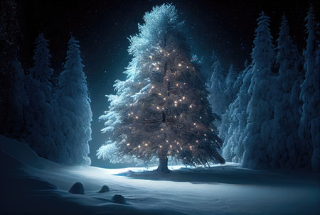 Decorated enchanted Christmas tree with illumination glowing lighting in snowy winter background. Holiday and festival concept. Generative AIの素材