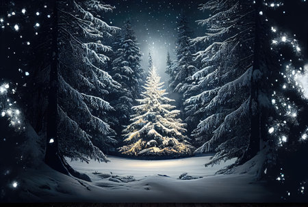 Decorated enchanted Christmas tree with illumination glowing lighting in snowy winter background. Holiday and festival concept. Generative AIの素材