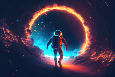 Astronaut is escaping from the void in the space with a warp portal background. Science and Technology concept. Generative AIの素材