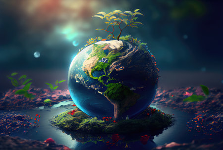 Beautiful Blue globe on the ground with decorating in summer season background. Beauty in nature and World Earth Day concept. Generative AIの素材