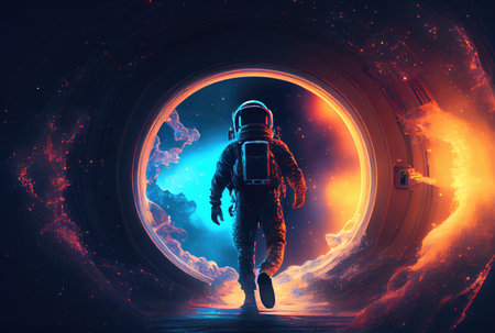 Astronaut is escaping from the void in the space with a warp portal background. Science and Technology concept. Generative AIの素材