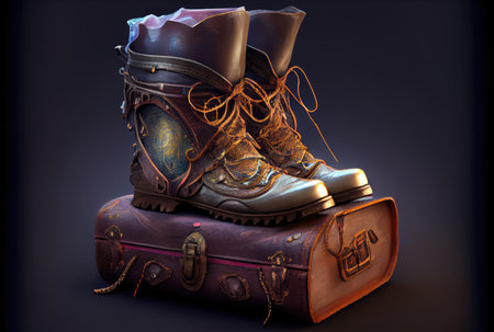 Closeup of Boots of travel leather shoes in creative style on the book on floor background. Accessories and items concept. Generative AIの素材