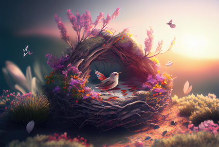 Bird nest on the ground in forest illustration fantasy background. First day of spring and Beauty in nature concept art. Generative AIの素材