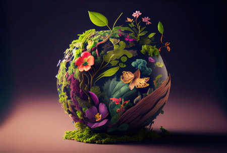 Beautiful Blue globe on the ground with decorating in summer season background. Beauty in nature and World Earth Day concept. Generative AIの素材