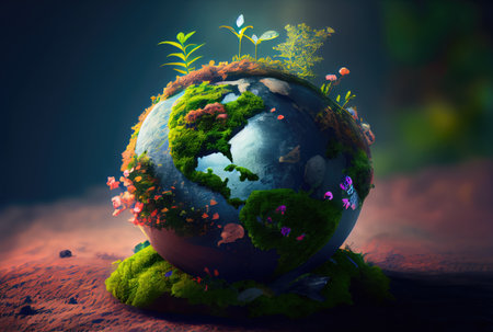 Beautiful Blue globe on the ground with decorating in summer season background. Beauty in nature and World Earth Day concept. Generative AIの素材