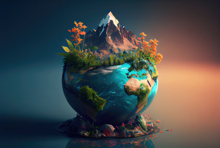 Beautiful Blue globe on the ground with decorating in summer season background. Beauty in nature and World Earth Day concept. Generative AIの素材