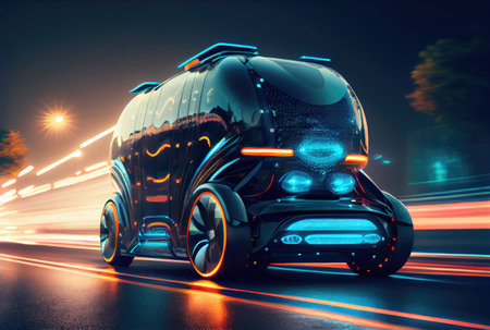Future car on the road in the city urban scene at night and light trail background. Long exposure. Technology and transportation concept. Generative AIの素材