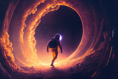 Astronaut is escaping from the void in the space with a warp portal background. Science and Technology concept. Generative AIの素材