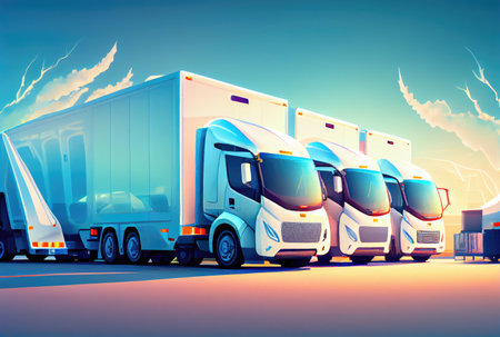 Delivery truck parking lot in warehouse at outdoor background. Transportation and business industry concept. Generative AIの素材