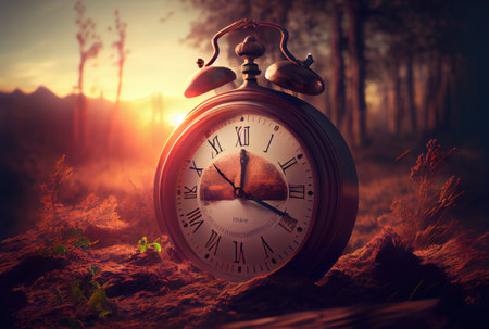 Clock in the nature landscape with daylight saving concept background. Time overlap and Time zone theme. Generative AIの素材