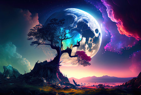 Bright full moon behind the silhouette tree on the fairyland background. Fantasy and art concept. Generative AIの素材