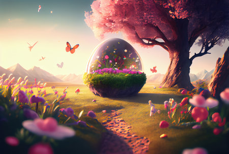 Colorful flowers are blooming from the ground in the glass bottle with sky illustration fantasy background. First day of spring and Beauty in nature concept art. Generative AIの素材