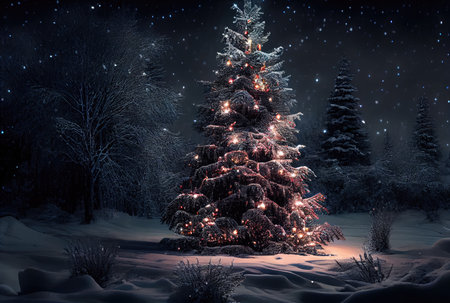 Decorated enchanted Christmas tree with illumination glowing lighting in snowy winter background. Holiday and festival concept. Generative AIの素材