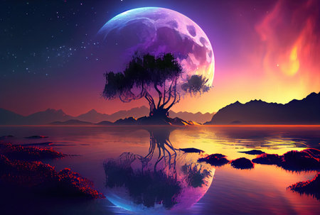 Bright full moon behind the silhouette tree on the fairyland background. Fantasy and art concept. Generative AIの素材