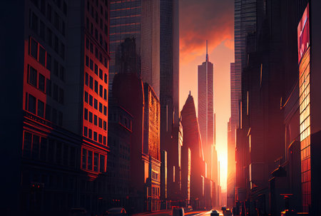 Beautiful cityscape view with sunlight in the sunset background. Downtown and tourism concept. Generative AIの素材