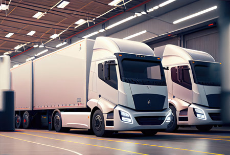 Delivery truck parking lot in warehouse at outdoor background. Transportation and business industry concept. Generative AIの素材
